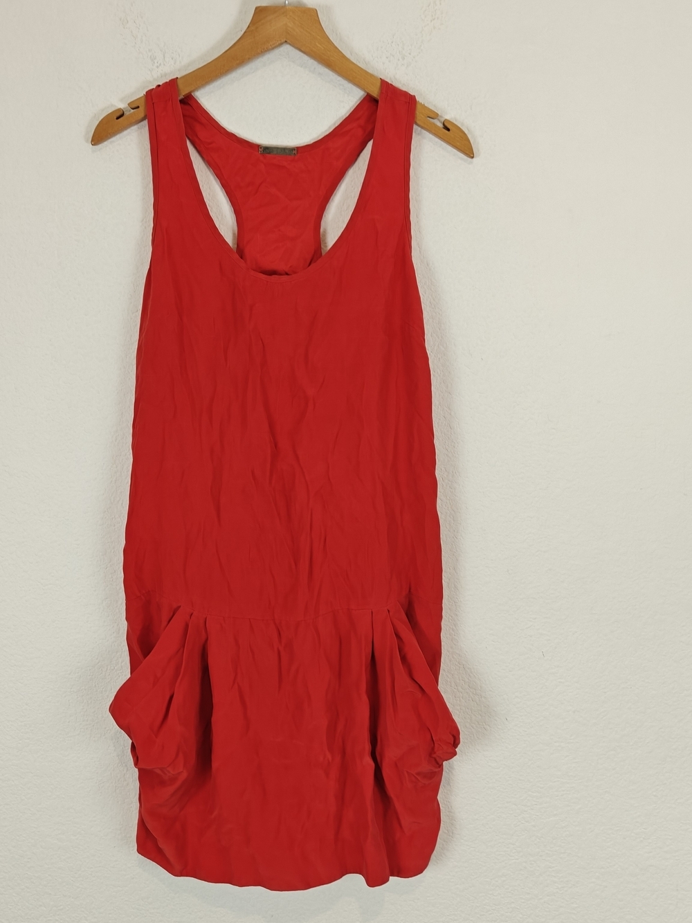 Loeffler Randall Red 100% Silk Racerback Mini Dress Size 8 Pleated Pockets Chic